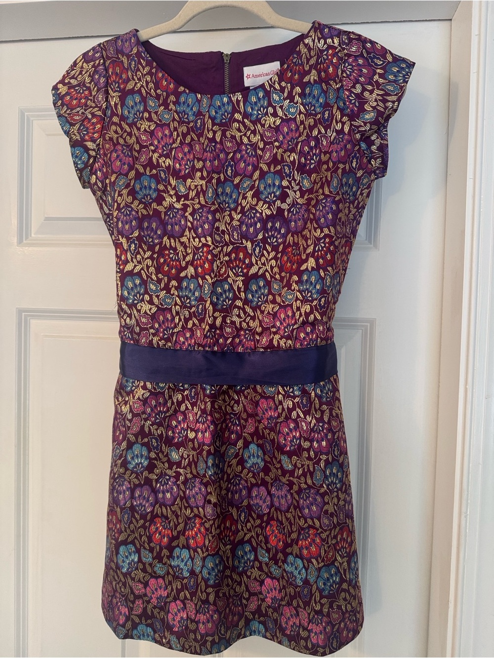 American Girl Purple Floral Brocade Dress with Navy Satin Bow